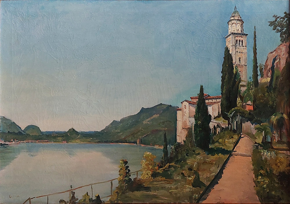 Roberto Iras Baldessari (1894-1965), con pseudonimo Dardo Gattelli — Il Lago di Lugano a Morcote e la chiesa di S. Maria del Sasso | Aste Dolomia