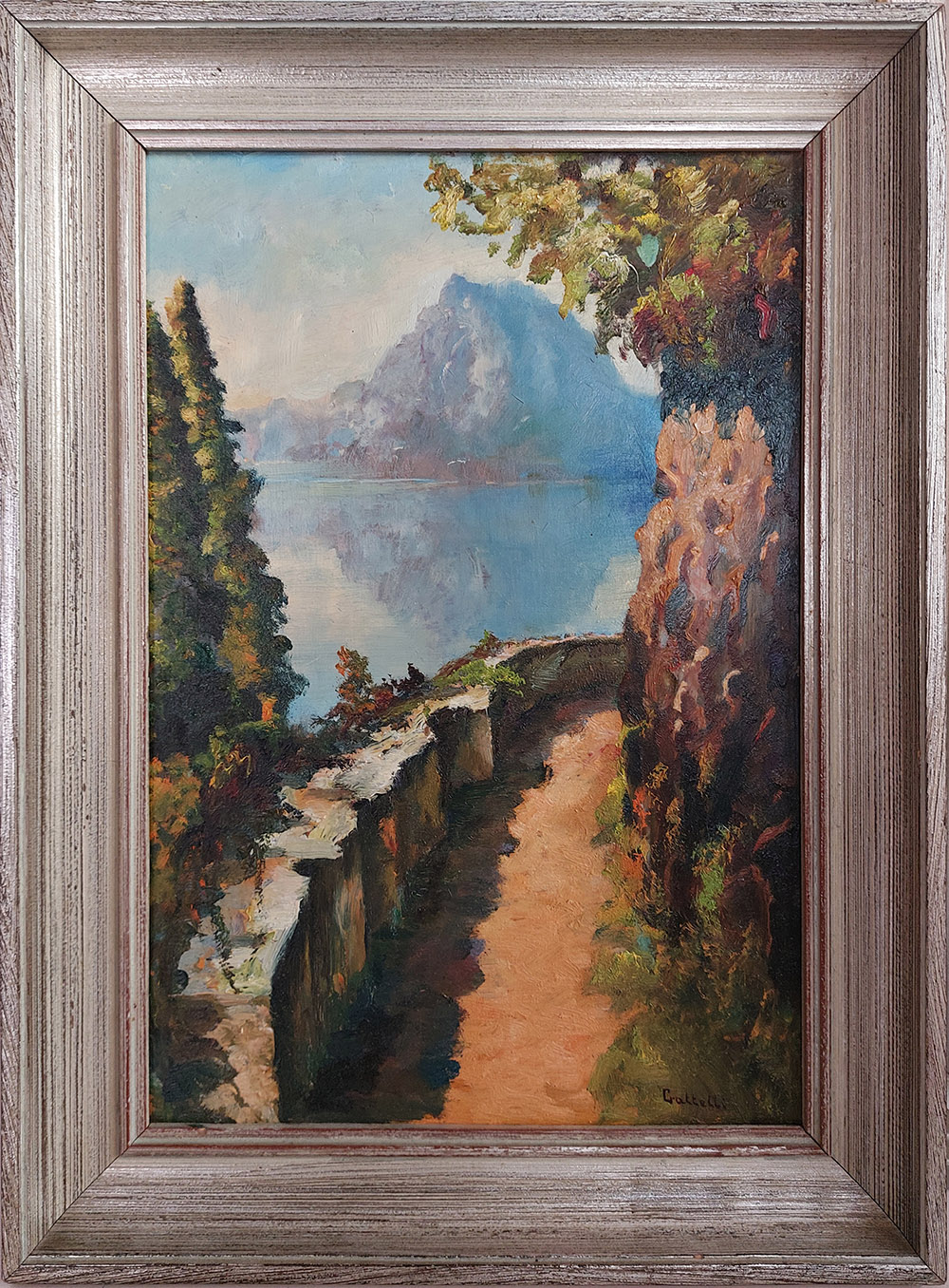 Roberto Iras Baldessari (1894-1965) con pesudonimo Dardo Gattelli — Il Lago di Lugano a Morcote e il Monte Salvatore | Aste Dolomia